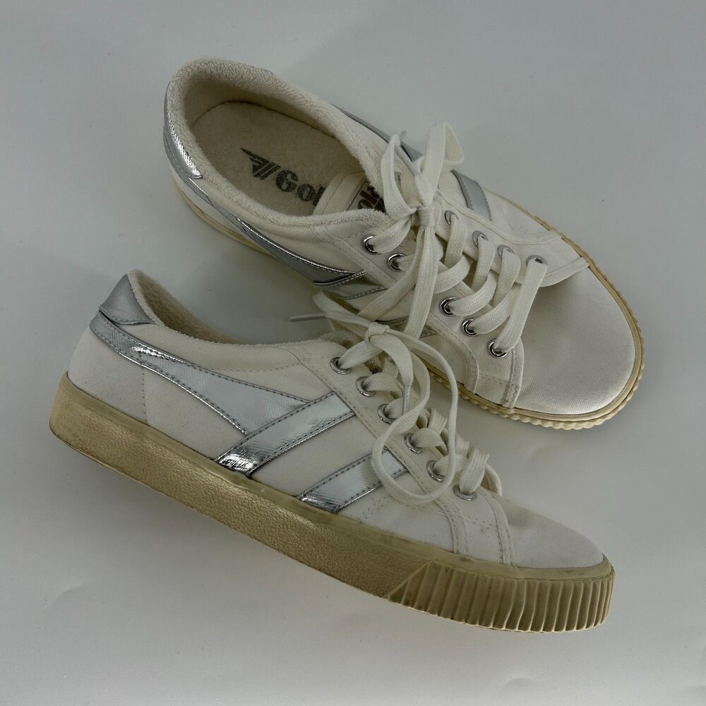 Gola Mark Cox Tennis Sneakers Off White/Silver Womens 8 Low Top Terry Cloth Shoe